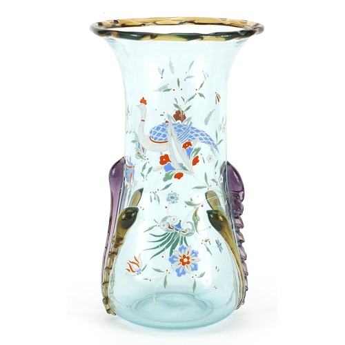43 - Attributed to Moser, Bohemian green glass vase enamelled with a peacock amongst flowers, 23cm high