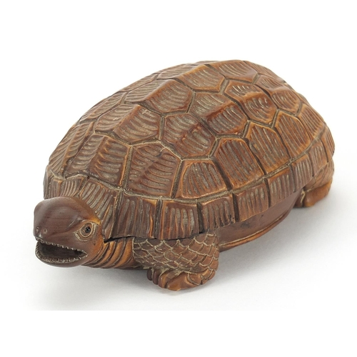 Japanese carved wood okimono of a turtle, inset mother of pe... | Barnebys