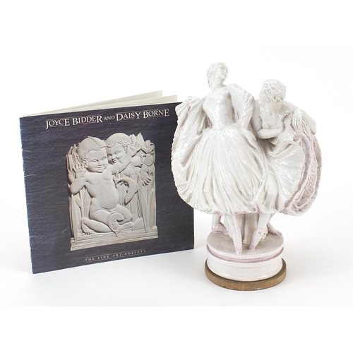 10 - Joyce Bidder, contemporary cream glazed group of two dancers, with Fine Arts Society booklet, 26cm h... 