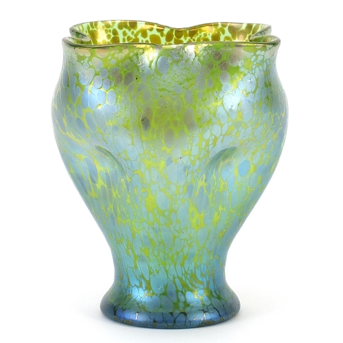 21 - Attributed to Loetz, Art Nouveau iridescent green glass vase with frilled rim, 16cm high