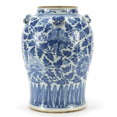 56 - Chinese blue and white porcelain jar with animalia heads, hand painted with flowers amongst scrollin... 