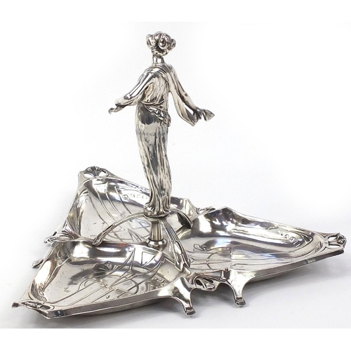 13 - WMF, German Art Nouveau silver plated pewter figural centrepiece with triangular base, numbered 53 t... 