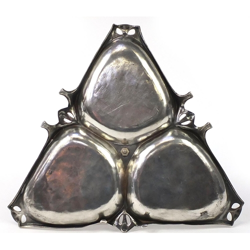 13 - WMF, German Art Nouveau silver plated pewter figural centrepiece with triangular base, numbered 53 t... 