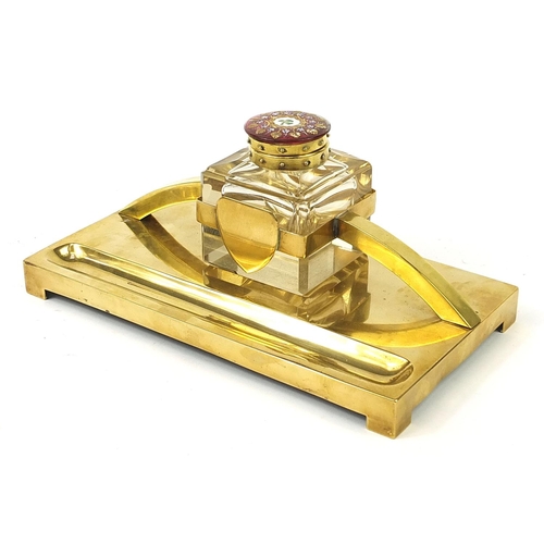 15 - WMF, German Art Nouveau brass desk stand with glass inkwell having a ruby flashed glass lid hand pai... 