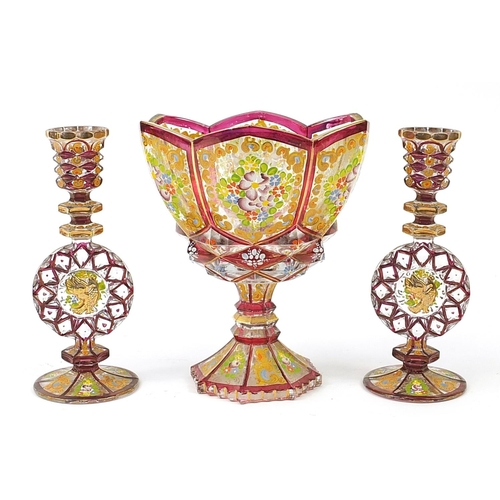 41 - Attributed to Moser, Bohemian ruby flashed glass three piece garniture comprising centre bowl and ca... 