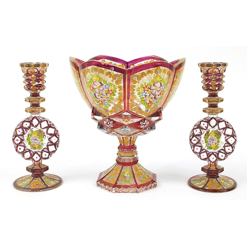 41 - Attributed to Moser, Bohemian ruby flashed glass three piece garniture comprising centre bowl and ca... 