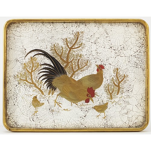 132 - Japanese lacquered pin tray gilded with two cockerels and chicks, 13cm wide