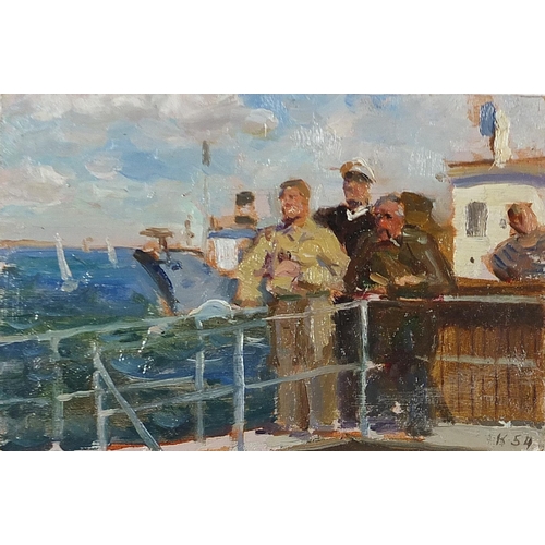 53 - Sailors before boats and water, Russian school oil on board, mounted, unframed, 18cm x 11.5cm