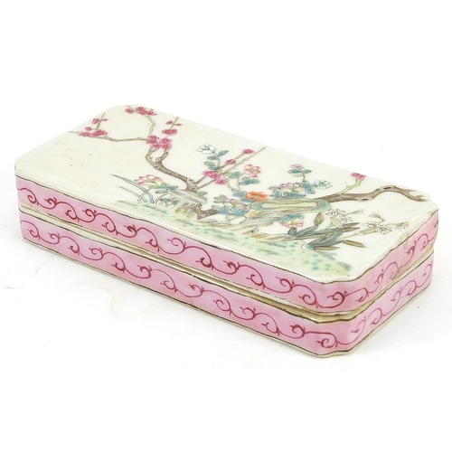 46 - Chinese porcelain scribe's box and cover hand painted in the famille rose palette with flowers and c... 