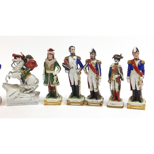 39 - Military interest continental porcelain figures including Napoleon Bonaparte on horseback and exampl... 