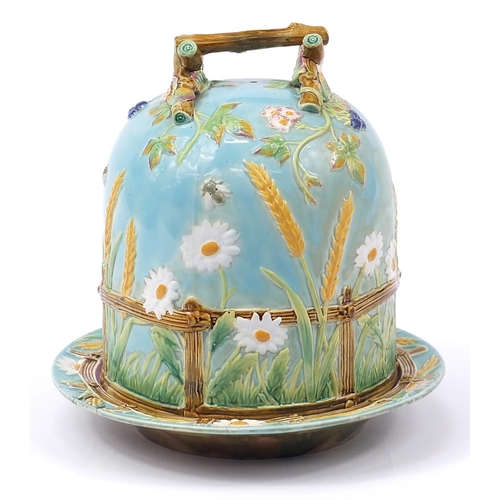 36 - George Jones for Crescent, Victorian Majolica cheese dome on stand hand painted with insects and flo... 