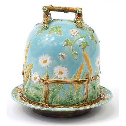 36 - George Jones for Crescent, Victorian Majolica cheese dome on stand hand painted with insects and flo... 