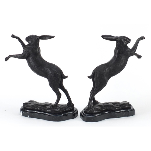 58 - Pair of patinated bronze boxing hares raised on shaped marble bases, 29cm high