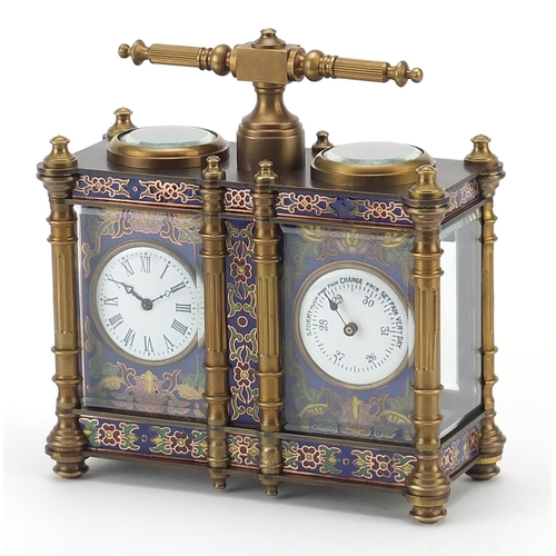 30 - Champlevé enamel brass cased travelling timepiece with clock and barometer, 13cm wide