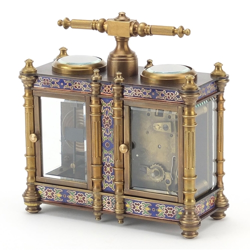 30 - Champlevé enamel brass cased travelling timepiece with clock and barometer, 13cm wide