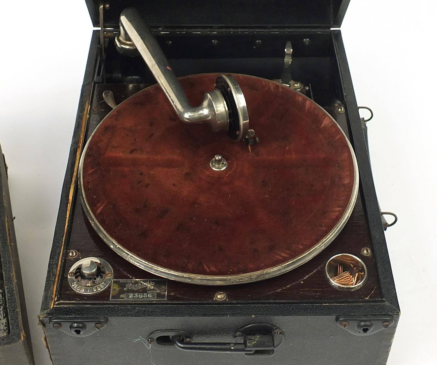 Two Vintage Portable Gramophones Comprising One Retailed By Harrods And ...