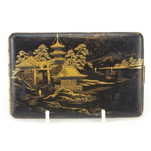 50 - Japanese damascene cigarette case by Fujii Yoshitoyo, engraved with pagodas and a dragon, 12.5cm wid... 