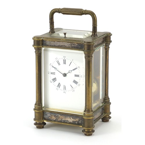 5 - Large 19th century silver plated and brass repeating carriage clock with enamelled dial having Roman... 