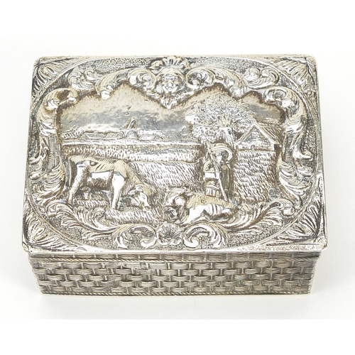 38 - Dutch silver basket weave design box, the hinged lid embossed with a farmer and cattle, London 1907 ... 