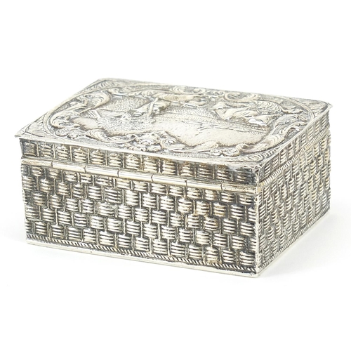38 - Dutch silver basket weave design box, the hinged lid embossed with a farmer and cattle, London 1907 ... 