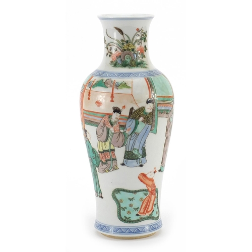 45 - Chinese porcelain baluster vase hand painted in the famille verte palette with figures in a palace s... 