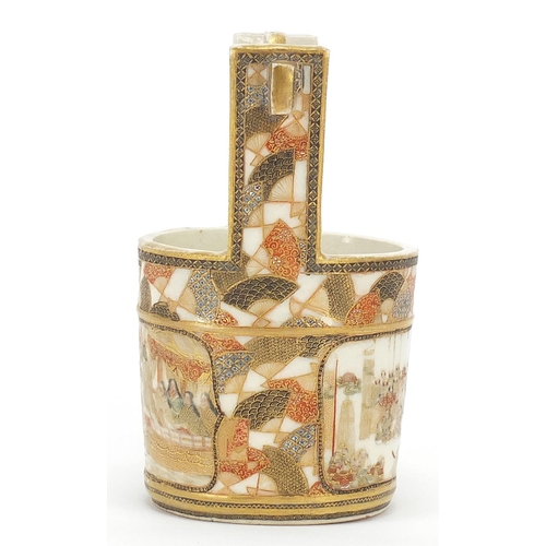 44 - Good Japanese Satsuma pottery Ikebana basket finely hand painted with fan motifs and figures, charac... 
