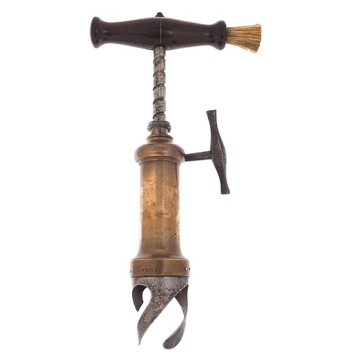 23 - Victorian mechanical corkscrew with side brush impressed Lund Cornhill, 19cm high