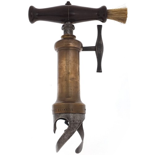 23 - Victorian mechanical corkscrew with side brush impressed Lund Cornhill, 19cm high