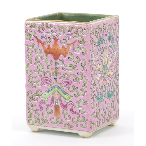 32 - Chinese porcelain pink ground square section brush pot hand painted with bats and flower heads with ... 