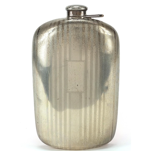 24 - Art Deco Napier sterling silver hip flask with engine turned decoration, 16cm high, 173.5g