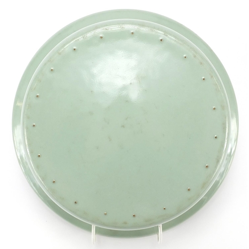 34 - Chinese celadon glazed porcelain basin hand painted in the famille rose palette with mother and chil... 