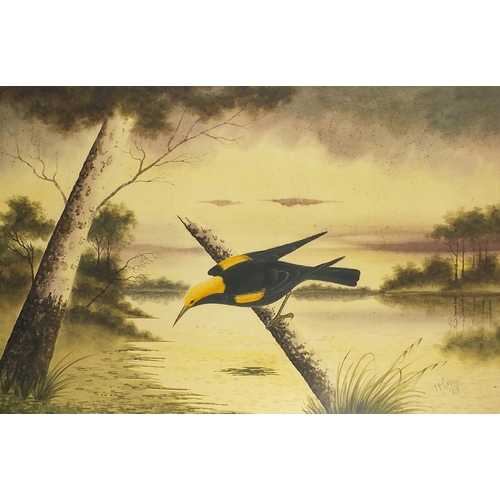 Herbert Hepburn Calvert 1919 - Bird on a branch before water, early 20th century watercolour, mounted and framed, 88cm x 58.5cm excluding the mount and frame