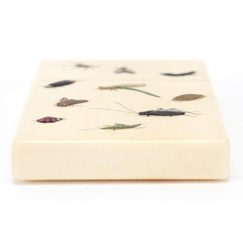 39 - Japanese carved ivory shibayama card case inlaid with insects, 9cm high