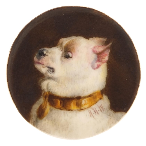 55 - Victorian circular porcelain plaque hand painted with a Chihuahua, signed with monogram A H W and in... 