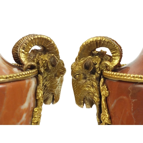 17 - Large pair of French Empire style rouge marble urns with gilt bronze rams head handles and mounts, 5... 