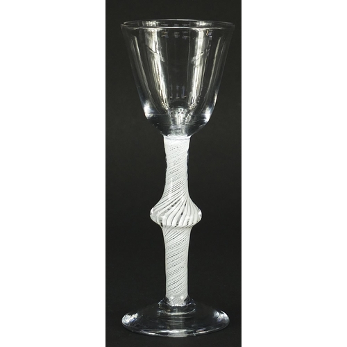 3 - 18th century wine glass having knopped stem with multiple opaque twists, 15.5cm high