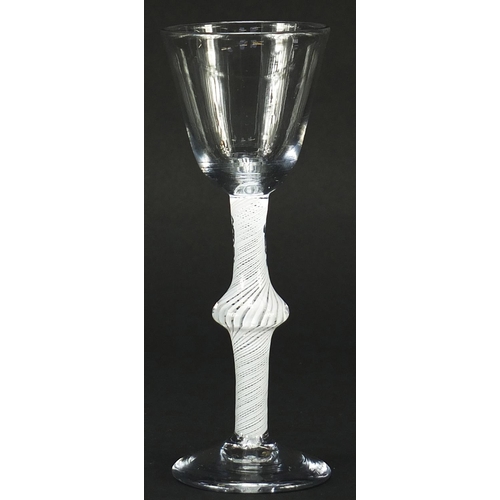 3 - 18th century wine glass having knopped stem with multiple opaque twists, 15.5cm high
