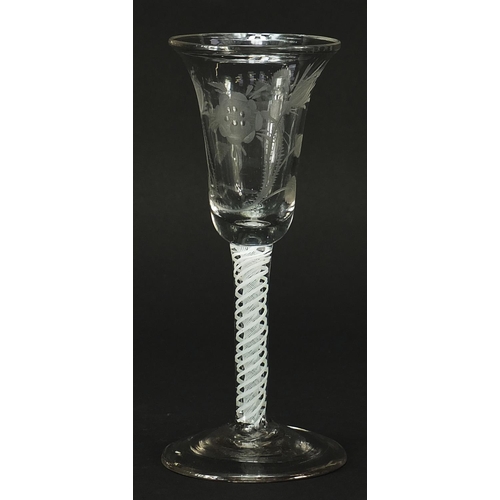 2 - 18th century wine glass with etched bell shaped bowl and multiple opaque twist stem, 16cm high