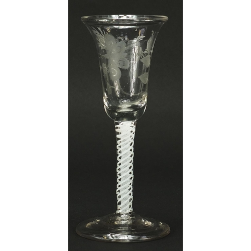 2 - 18th century wine glass with etched bell shaped bowl and multiple opaque twist stem, 16cm high