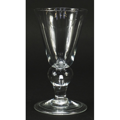 43 - Early 18th century wine glass with folded foot and knopped stem, 12.5cm high