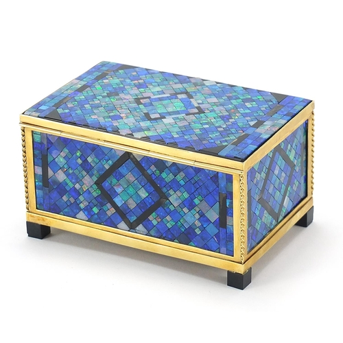 15 - Continental opalescent, hardstone and agate micro mosaic type casket with 18ct gold mounts, the gold... 