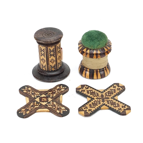 21 - Victorian Tunbridge Ware sewing objects with micro mosaic inlay comprising two cotton reel winders, ... 