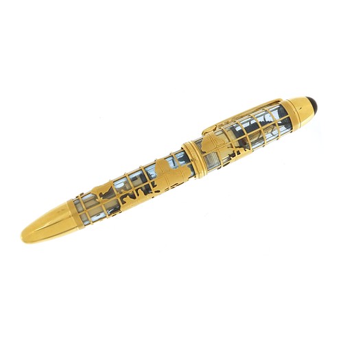 409 - Montblanc, 18ct gold overlaid John Harrison 333  skeleton fountain pen with world map set with a dia... 