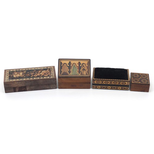 57 - Victorian Tunbridge Ware with micro mosaic inlay comprising pin cushion and three boxes including a ... 