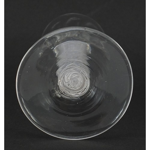 41 - 18th century wine glass with multiple opaque twist stem and writhen bowl, 14cm high