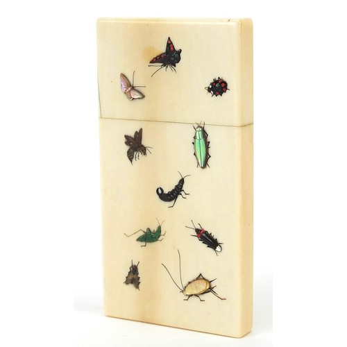 39 - Japanese carved ivory shibayama card case inlaid with insects, 9cm high