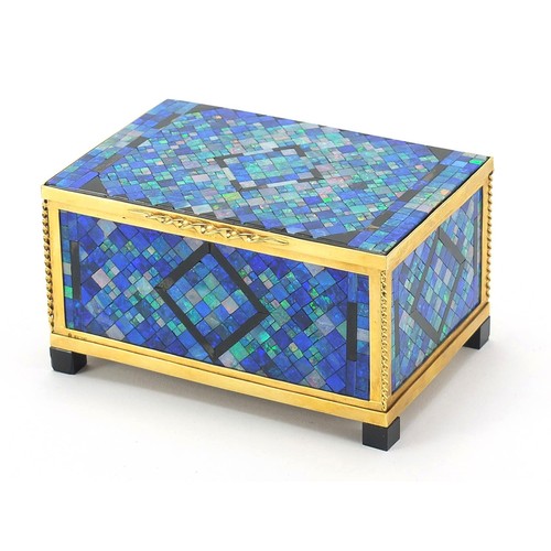 15 - Continental opalescent, hardstone and agate micro mosaic type casket with 18ct gold mounts, the gold... 