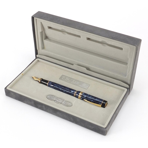 53 - Parker Centennial blue marbleised fountain pen with 18k gold nib and box
