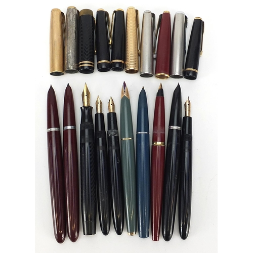 56 - Ten vintage Parker fountain pens, some with gold nibs including one with Lucky Curve nib, 51 and Sli... 