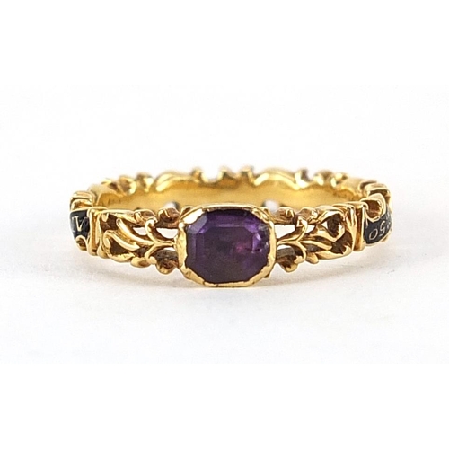 853 - Georgian unmarked gold, amethyst and enamel mourning ring, for Ann Cook, inscribed DI 12 APL, 1749 A... 